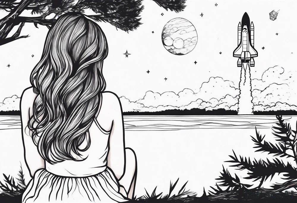 back of small girl in dress with long hair sitting on a tree branch watching a space shuttle launch in the distance tattoo idea