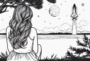 back of small girl in dress with long hair sitting on a tree branch watching a space shuttle launch in the distance tattoo idea