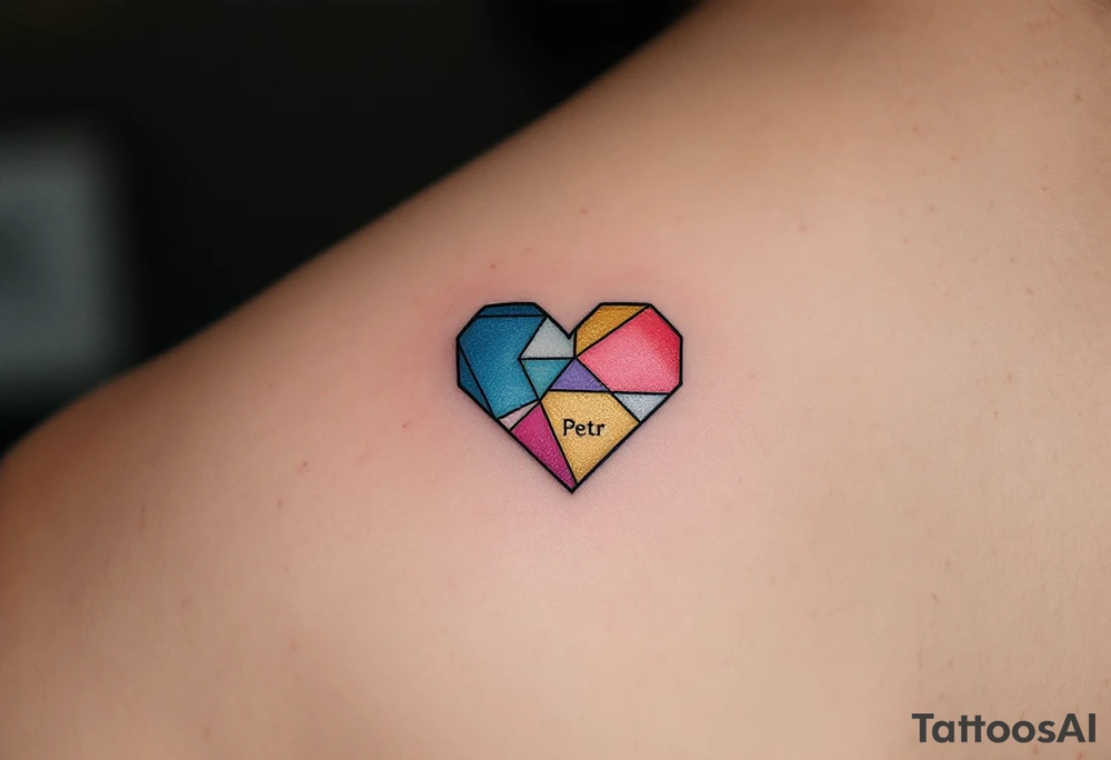 A mini heart made up of colorful geometric shapes, with each section of the heart filled with different watercolor shades of blue, pink, and gold, and the name "Petr" written in a modern, sans-serif font. tattoo idea