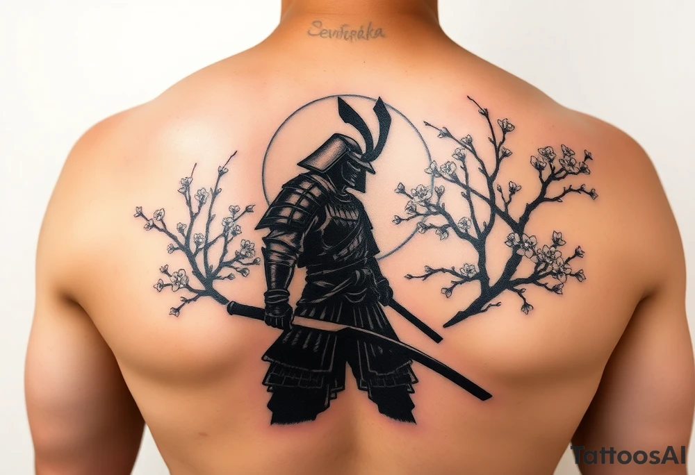 noble samurai warrior silhouette at sunset with cherry blossoms tattoo idea