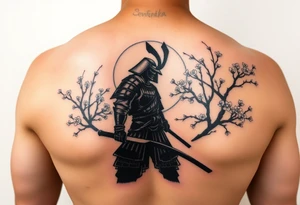 noble samurai warrior silhouette at sunset with cherry blossoms tattoo idea