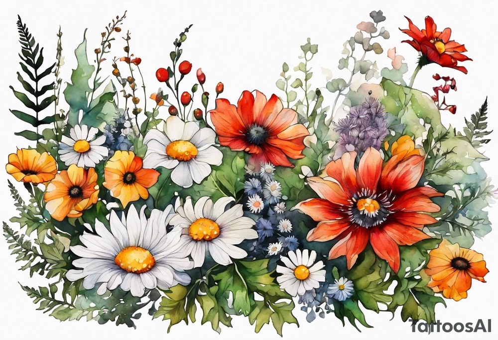 simple wildflowers cascading with thistles, ferns, white anemones, sun flowers, red flowers, black flowers, buttercups, orange flowers, babys breath and daisies all in watercolor tattoo idea
