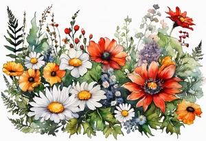 simple wildflowers cascading with thistles, ferns, white anemones, sun flowers, red flowers, black flowers, buttercups, orange flowers, babys breath and daisies all in watercolor tattoo idea