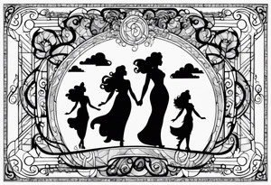 A silhouette  of the 
muses from the Disney movie Hercules surrounded by whimsical clouds tattoo idea