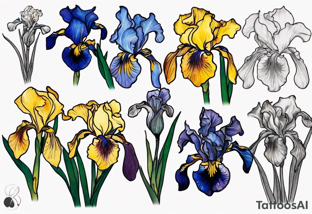Small Vincent van Gogh Irises tattoo, delicate and intricate linework, vibrant and rich colors, fine art tattoo, detailed petals, high quality, elegant and feminine, upper chest placement, professional tattoo design, realistic style, vivid colors, soft shading, fine details, professional execution, delicate and artistic, small size, realistic interpretation tattoo idea