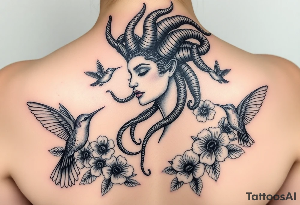 medusa surrounded by hummingbirds and flowers tattoo idea