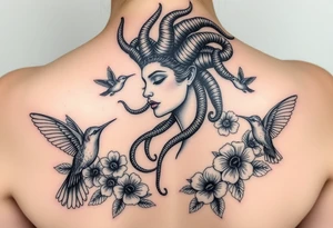 medusa surrounded by hummingbirds and flowers tattoo idea