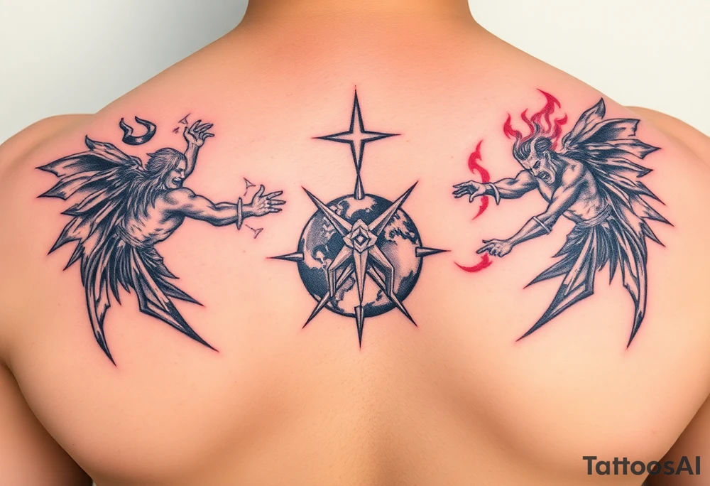 Heaven and hell fighting each other on earth tattoo idea