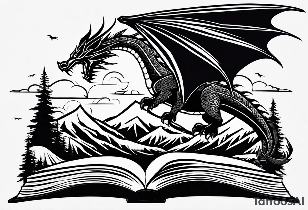 A large open book. a dragon with scales and four legs flying high in the sky. three mountains tattoo idea