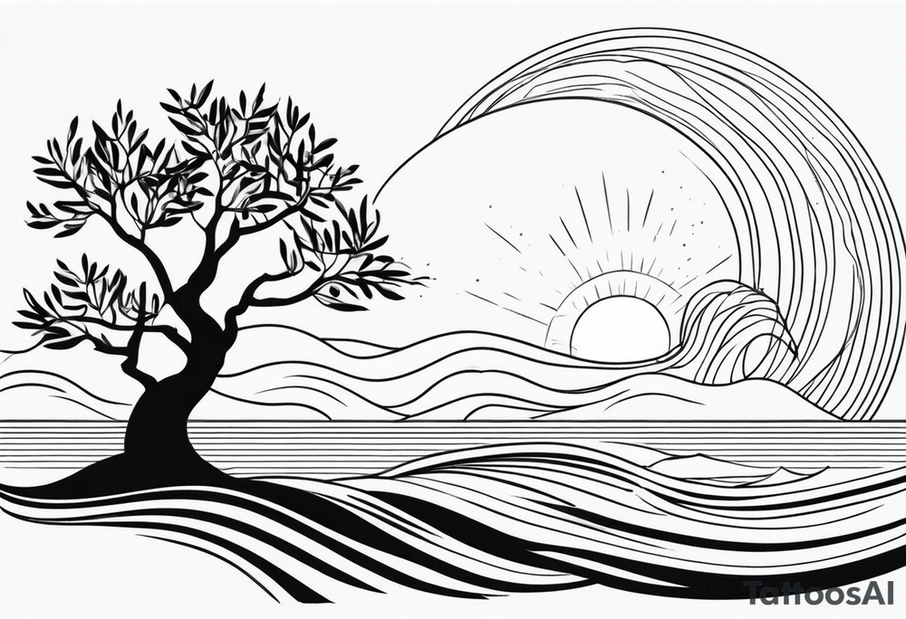 Olive tree into waves, ocean, sun tattoo idea
