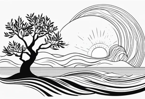 Olive tree into waves, ocean, sun tattoo idea