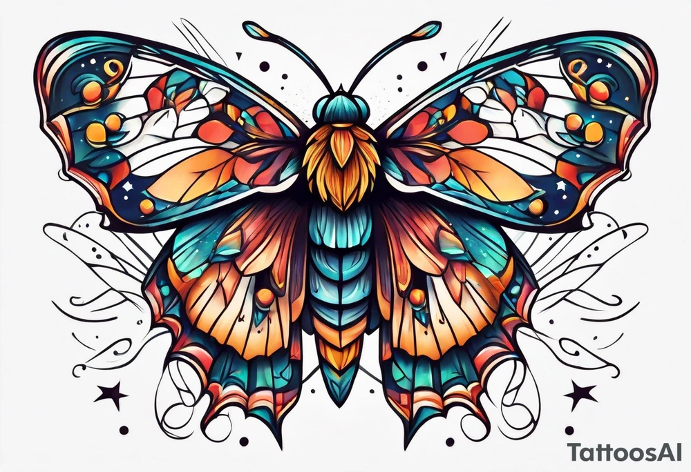 small Moth flying into outer space tattoo idea