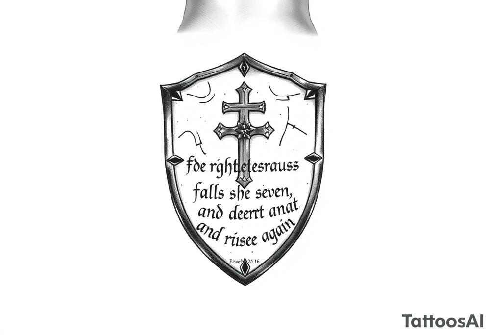Full upper forearm tattoo design, vertical layout. A detailed medieval shield etched with a sharp Christian cross, sitting flat against a solid stark white background. Woven around the shield, the full bible verse text is clearly written in a bold medieval gothic font: "For the righteous falls seven times and rises again." Below the text is the citation "Proverbs 24:16". High contrast black and grey realism, sharp linework, completely solid white background, strictly no clouds. tattoo idea