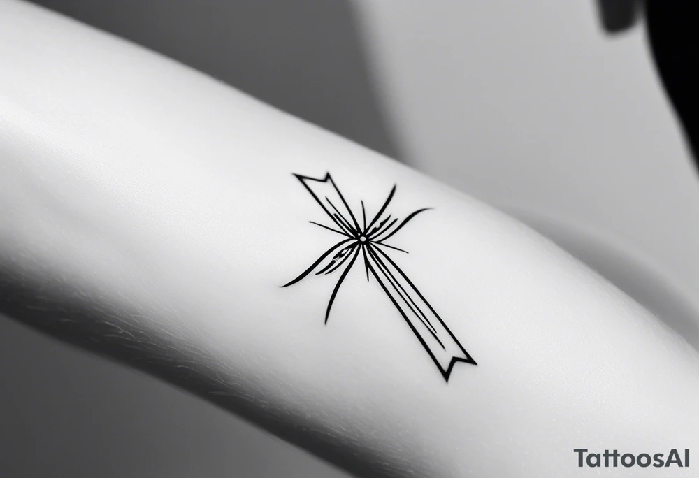 Minimalist Tattoo: A refined cross with a soft halo on top of it, symbolizing light and spirituality. Delicate rays extend outward from the halo, adding a subtle glow and depth. The cross itself is simple and elegant, with potential for small, intricate line details within the design. Style: Minimalist. tattoo idea