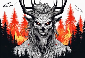 A scary terrifying horrifying zombie lore accurate wendigo side profile surrounded by a forest fire in background tattoo idea