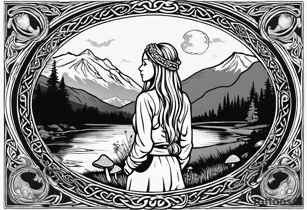 Whole picture encircled fully

Straight long blonde hair hippie girl in distance holding mushrooms in hand facing away toward mountains and creek surrounded by mushrooms long sleeve shirt and hiking pants; whole rendering within a full celtic circle border, no cut off circle tattoo idea