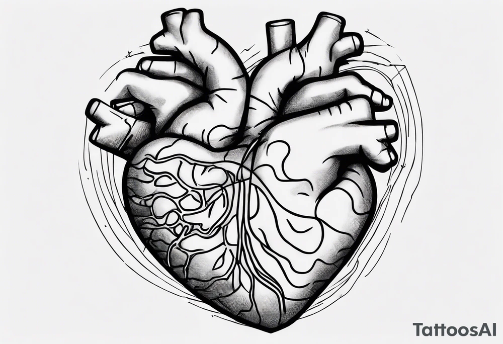 Heart and brain in line art, held down by a woman's hand holding them by string tattoo idea