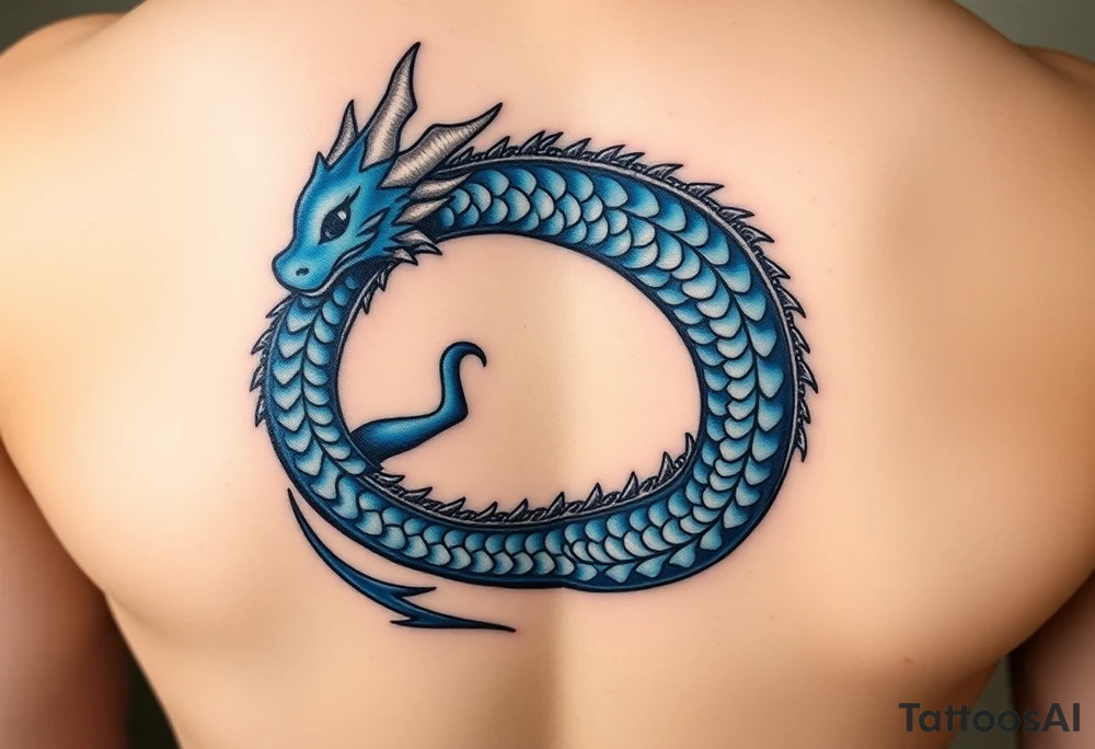 The design features a dragon, coiled in the shape of the infinity symbol (sideways number "8"). The dragon is depicted eating its own tail, symbolizing eternity and continuity, inspired by the Ouroboros.

Details:

The dragon's body has vibrant, glossy blue scales, with a smooth and polished texture.
It maintains a clean, balanced shape in the infinity figure, with sharp details and elegant flow.
Style:

The focus remains on the dragon's form, with no additional background elements to keep the design minimal and modern. tattoo idea