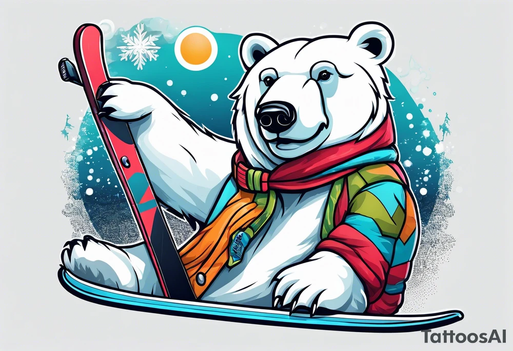A polar bear standing on two legs holding a snowboard and wearing snow goggles tattoo idea