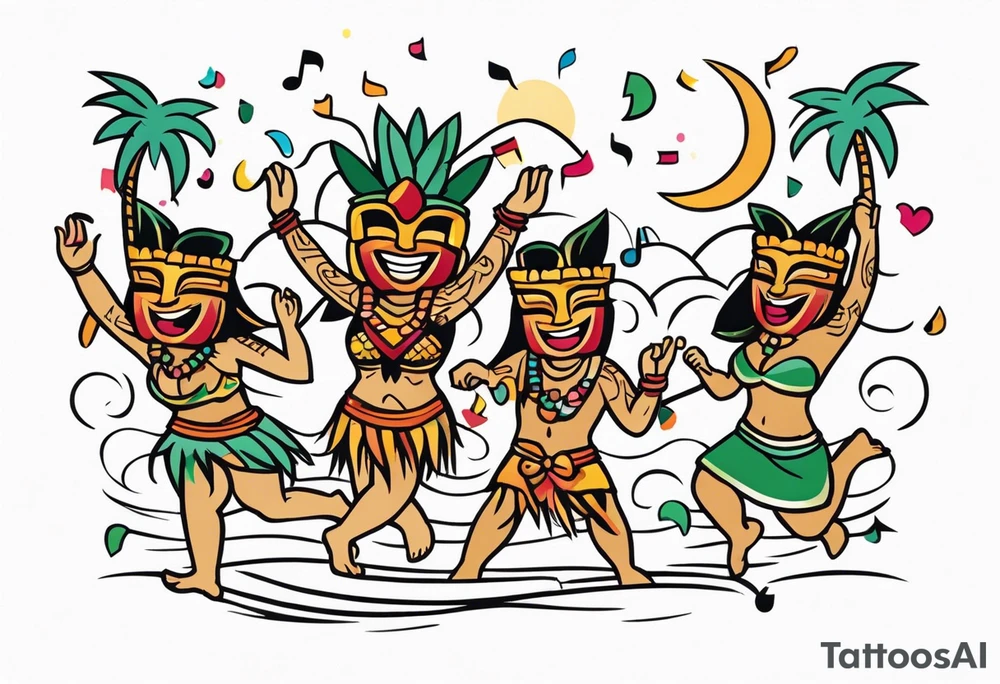 hulu tiki party with dancing tiki guys and sexy tiki girls on a beach with music notes and confetti around a blank space in the middle tattoo idea