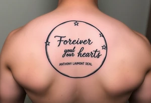 Big half moon with writing inside saying Forever in our hearts  with stars 
RIP 
ANTHONY LAMONT DEAL tattoo idea