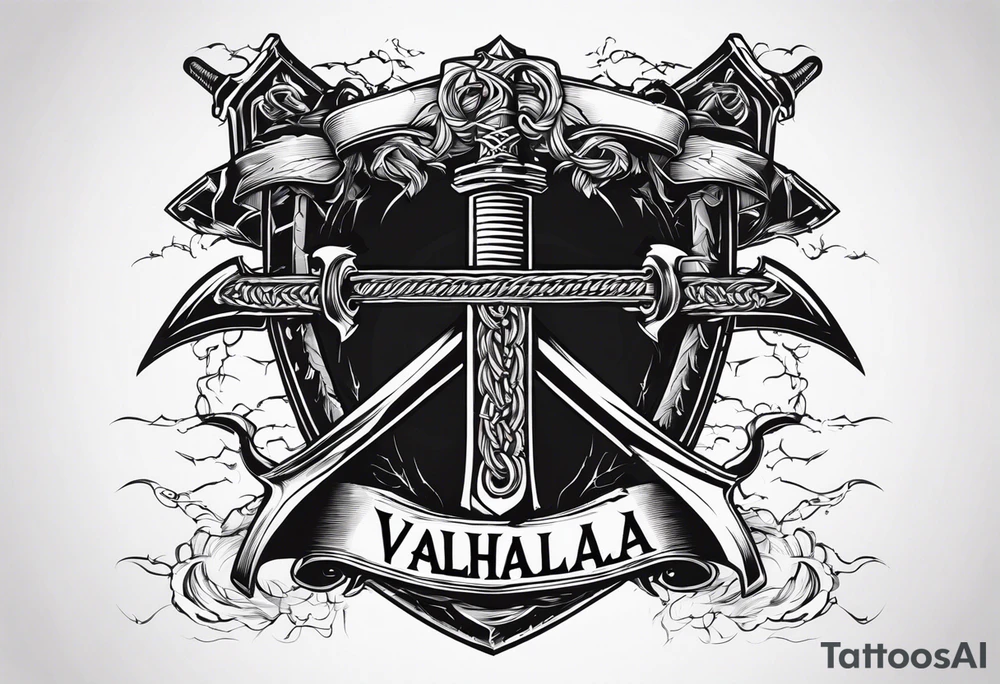 Valhalla sword shield axe barbed wire chains dark cloud lightning tattoo idea