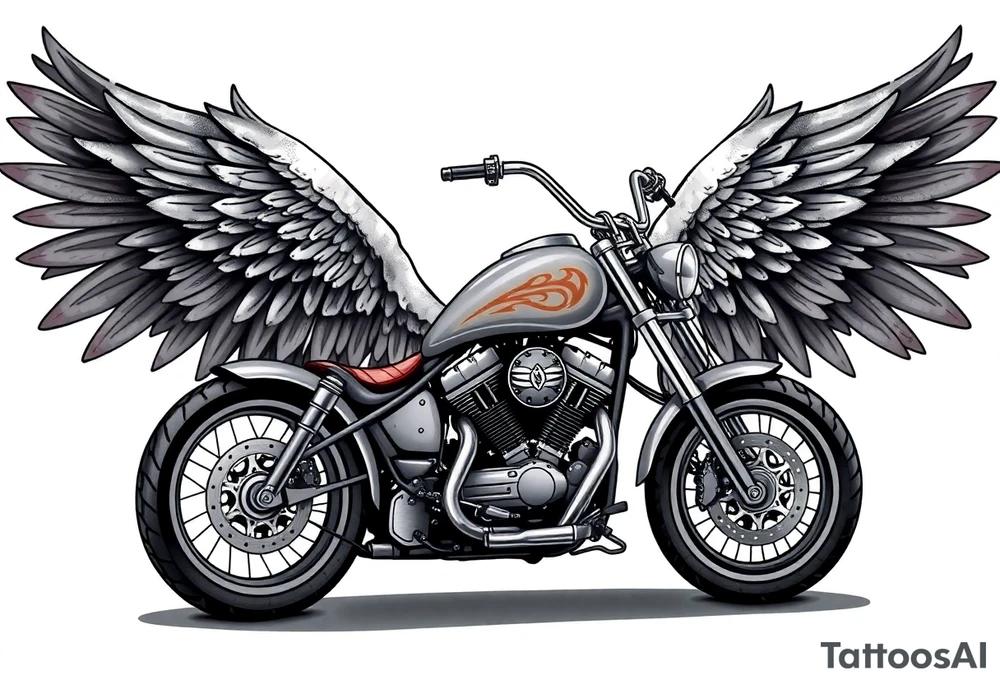 Low rider grey motorcycle, flames, angel wings tattoo idea