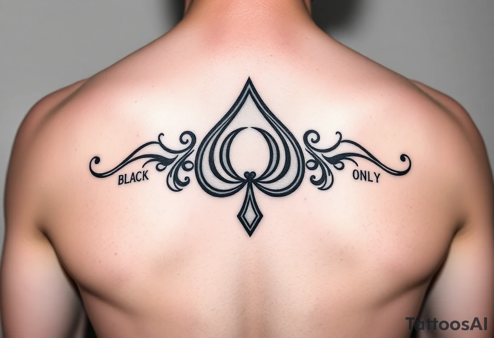 A spade womb tattoo with a Q in the center, with three points around the outside. The first reading, "BLACK". The second reading, "BABY". The third reading, "ONLY". tattoo idea