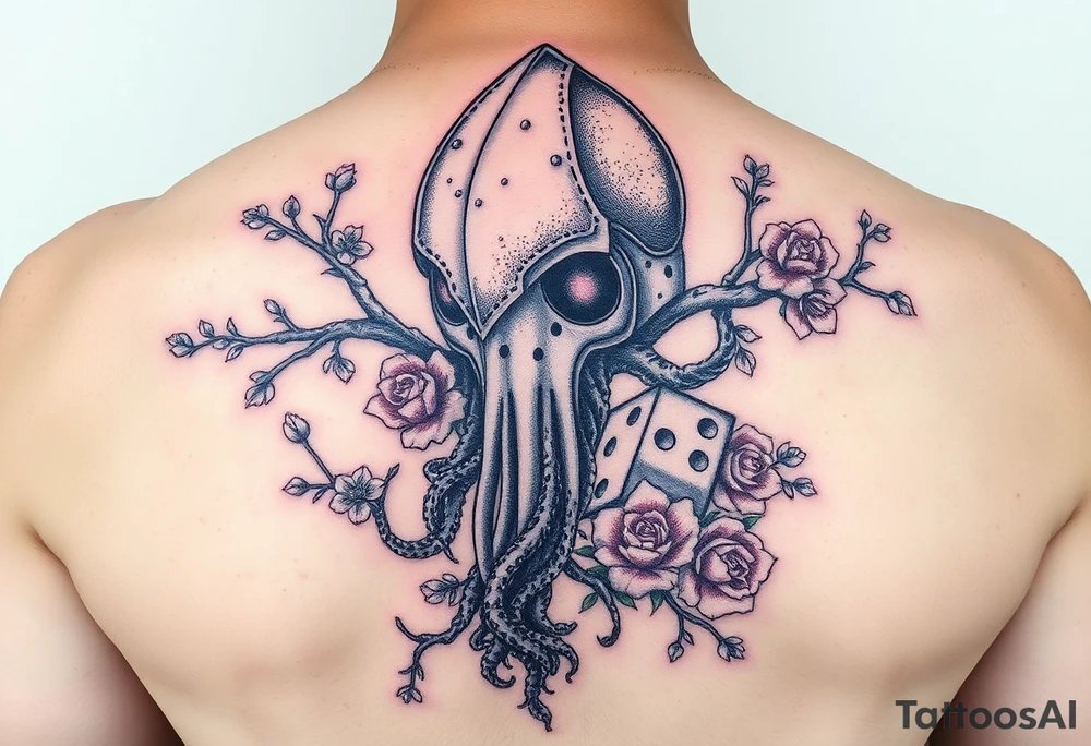squid knight helmet combined with tree roots, cherry blossoms and roses rolling dice tattoo idea