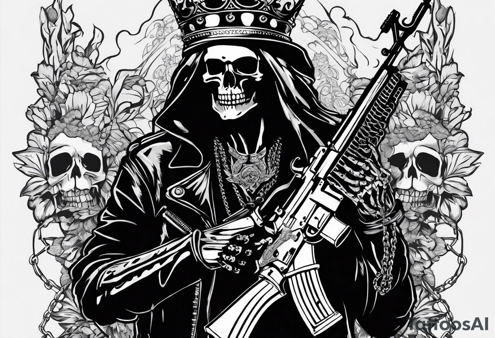 image of a skeleton standing frontally with a crown on his head, holding an AK-47 on his shoulder with his right hand. The chain on the left should be taut, there are three angry barking Dobermans in it, near the waist tattoo idea
