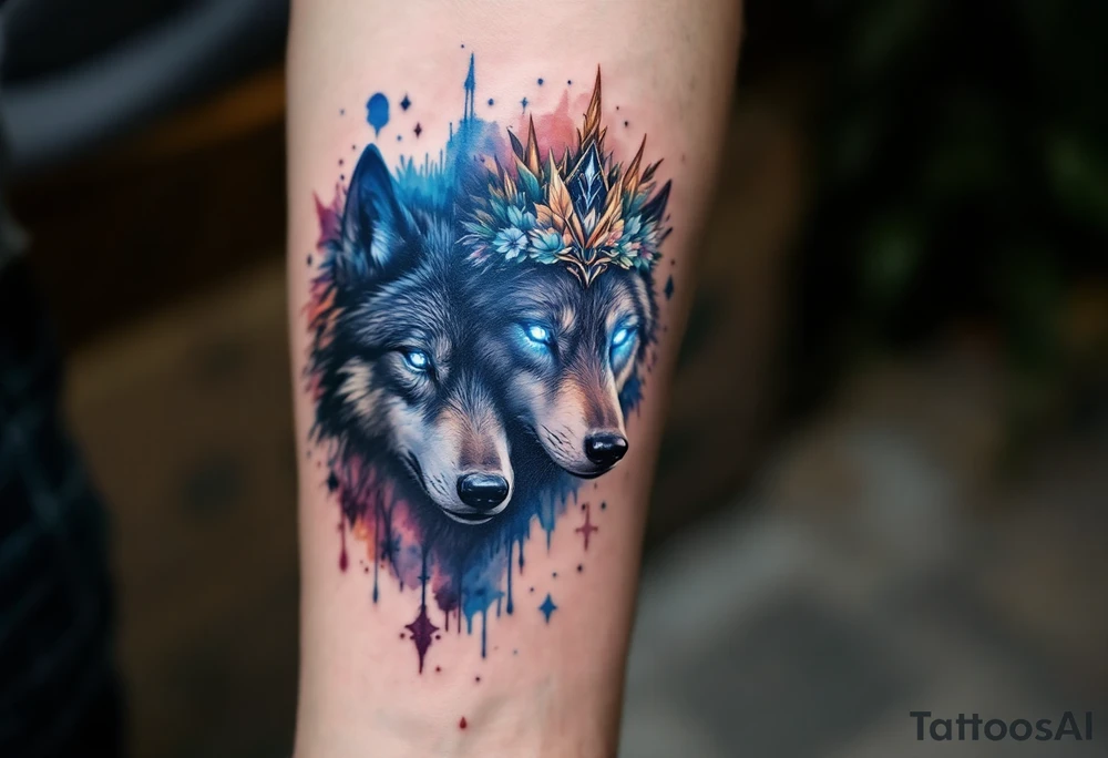 A pair of black wolves, one with a spiked crown and one with a floral tiara, eyes glowing icy blue. tattoo idea