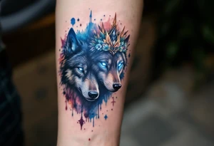 A pair of black wolves, one with a spiked crown and one with a floral tiara, eyes glowing icy blue. tattoo idea