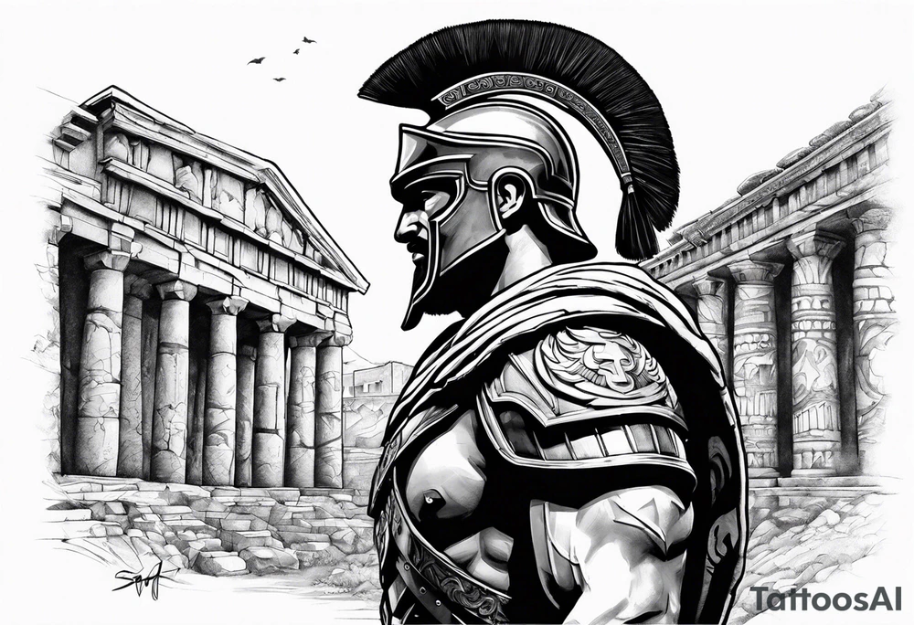Side profile of spartan soilder with Roman buildings tattoo idea