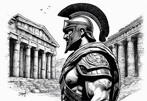 Side profile of spartan soilder with Roman buildings tattoo idea