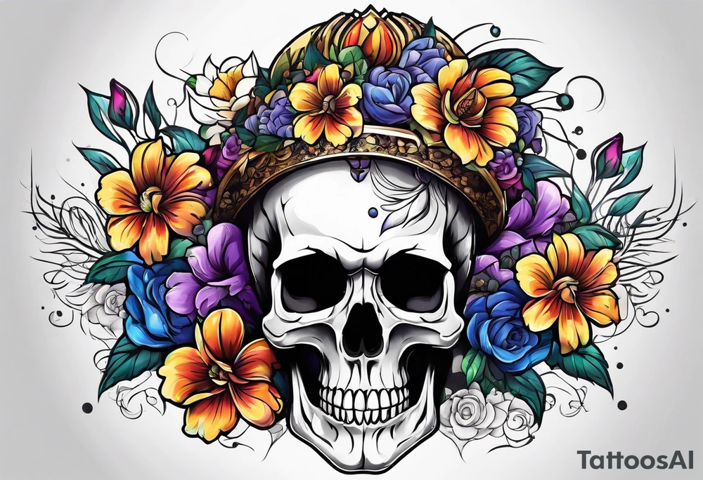 skull with flowers growing on top of its head tattoo idea