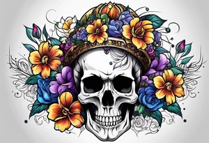 skull with flowers growing on top of its head tattoo idea