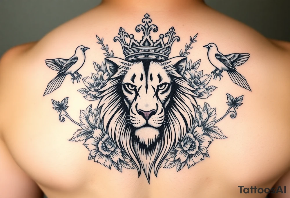 powerful majestic lion with a crown, surrounded by floral ornaments and birds tattoo idea