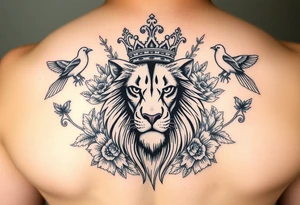 powerful majestic lion with a crown, surrounded by floral ornaments and birds tattoo idea