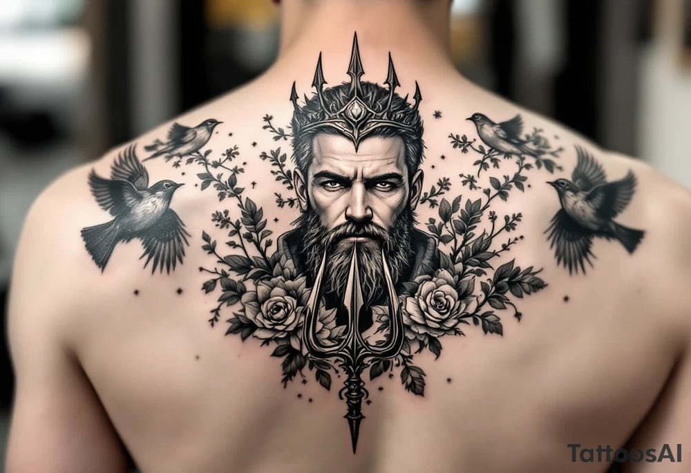 man with a trident, surrounded by floral ornaments and birds tattoo idea