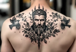man with a trident, surrounded by floral ornaments and birds tattoo idea