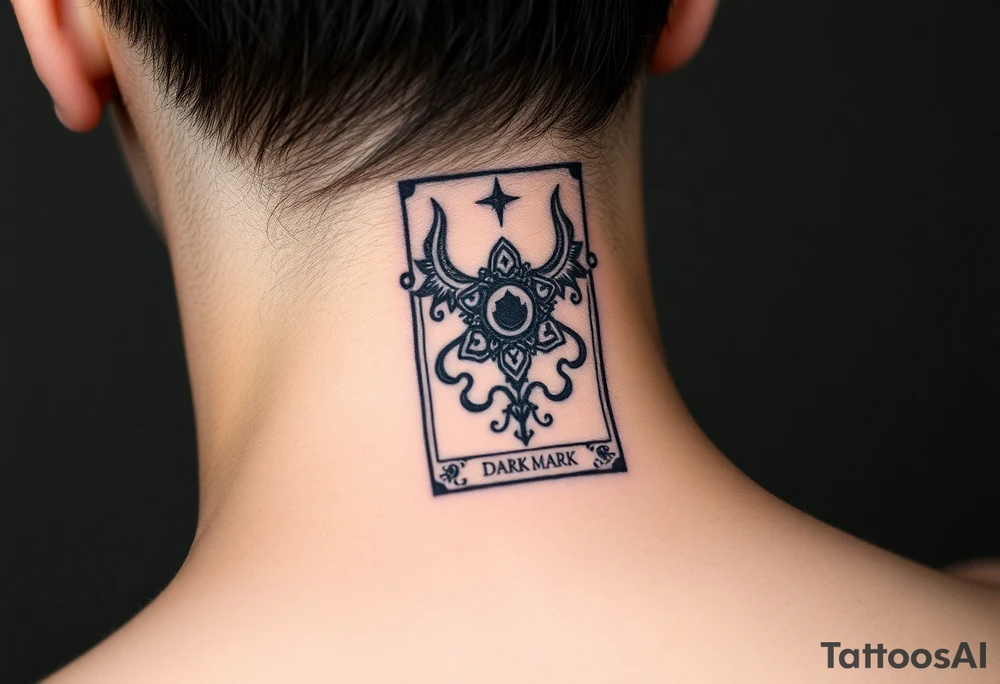 A gothic-style tarot card featuring the Dark Mark, with hauntingly detailed engraving tattoo idea