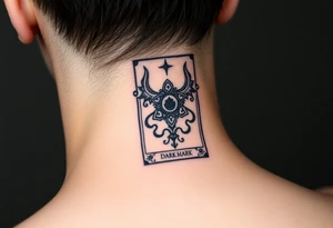 A gothic-style tarot card featuring the Dark Mark, with hauntingly detailed engraving tattoo idea