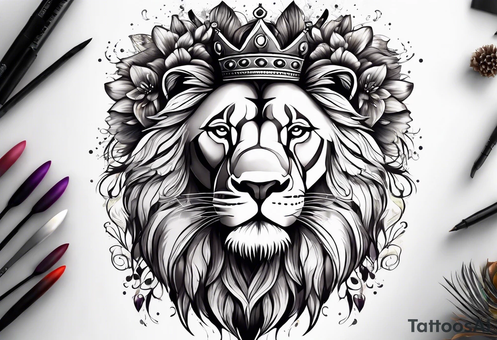 African lion covered in lilies butterflies crown mane made of feathers tattoo idea