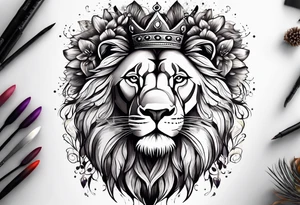 African lion covered in lilies butterflies crown mane made of feathers tattoo idea