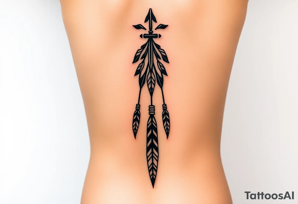 Thin spinal tattoo following down the spine in a native style with multiple different lengths flowing lines made of a discreet connection of morse code ".--- .- --.     .-.. ... -.- .- .-.   -.. .. --.     .-.. .. .-.. .-.. . -... .-. --- .-. forming an arrow connected to flowing feathers hanging from the morse code lines tattoo idea