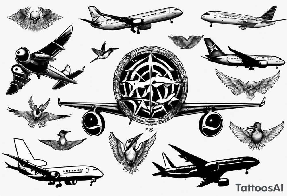 airplane, freedom, birds in masks tattoo idea