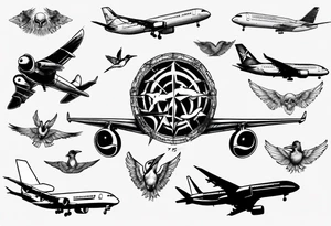airplane, freedom, birds in masks tattoo idea