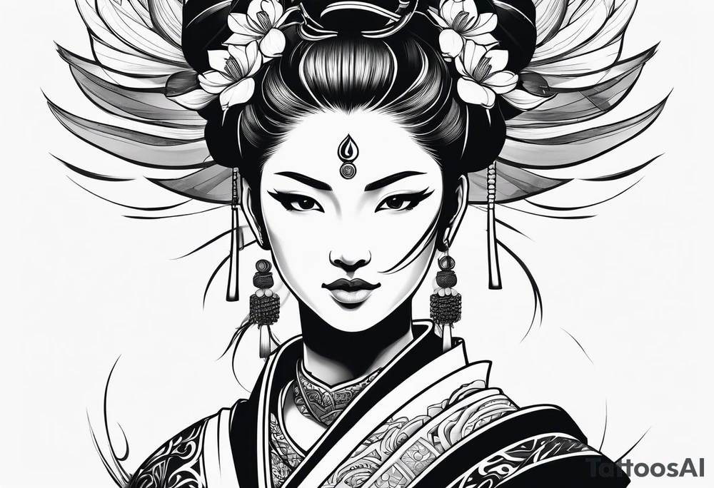 female samurai lotus flowers neotribal tattoo idea