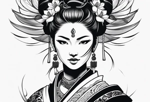 female samurai lotus flowers neotribal tattoo idea