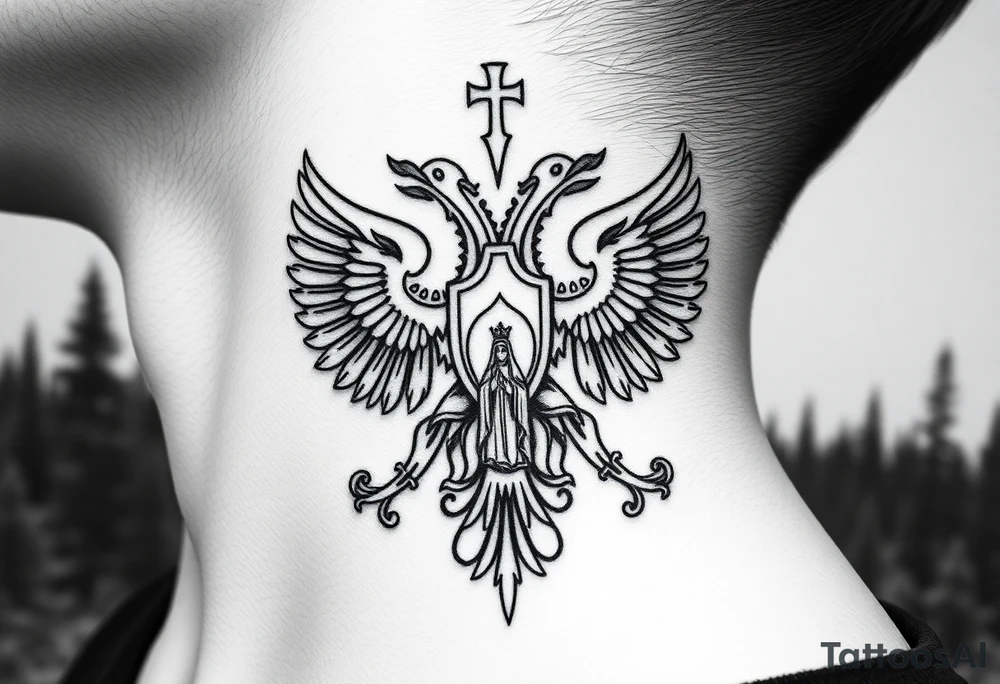 russian coat of arms double headed eagle traditional christian orthodox cross with a virgin mary stood in the entrance of a russian orthodox dome church on the side of the neck in a wilderness setting tattoo idea